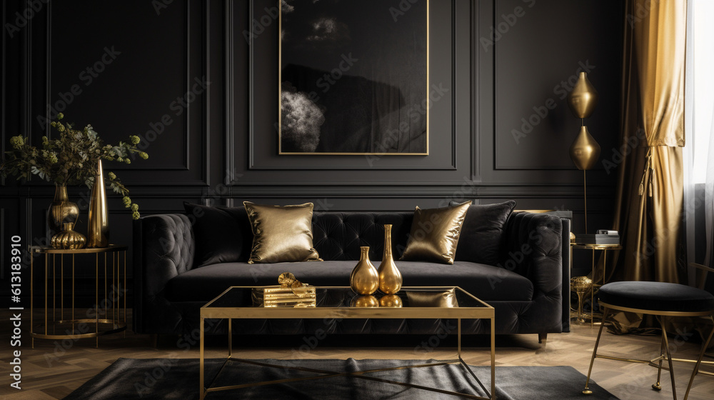 Luxury room design in black and gold colors, generative ai
