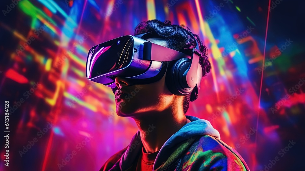 Portrait of a young man wearing virtual reality goggles against colourful background.Generative Ai Portrait of a young man wearing virtual reality goggles against colourful background.Generative Ai