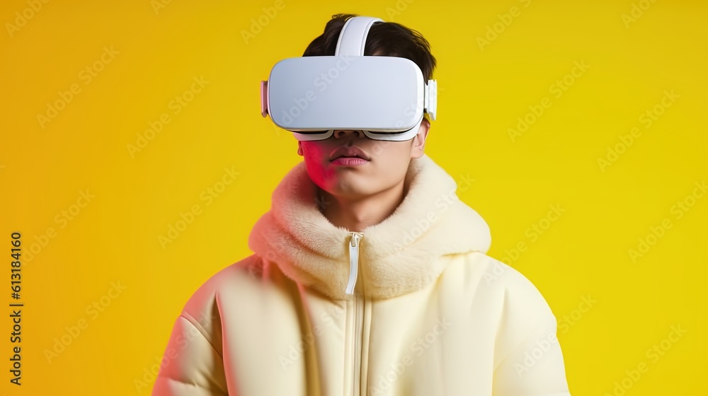 Portrait of a young man wearing virtual reality goggles against colourful background.Generative Ai Portrait of a young man wearing virtual reality goggles against colourful background.Generative Ai