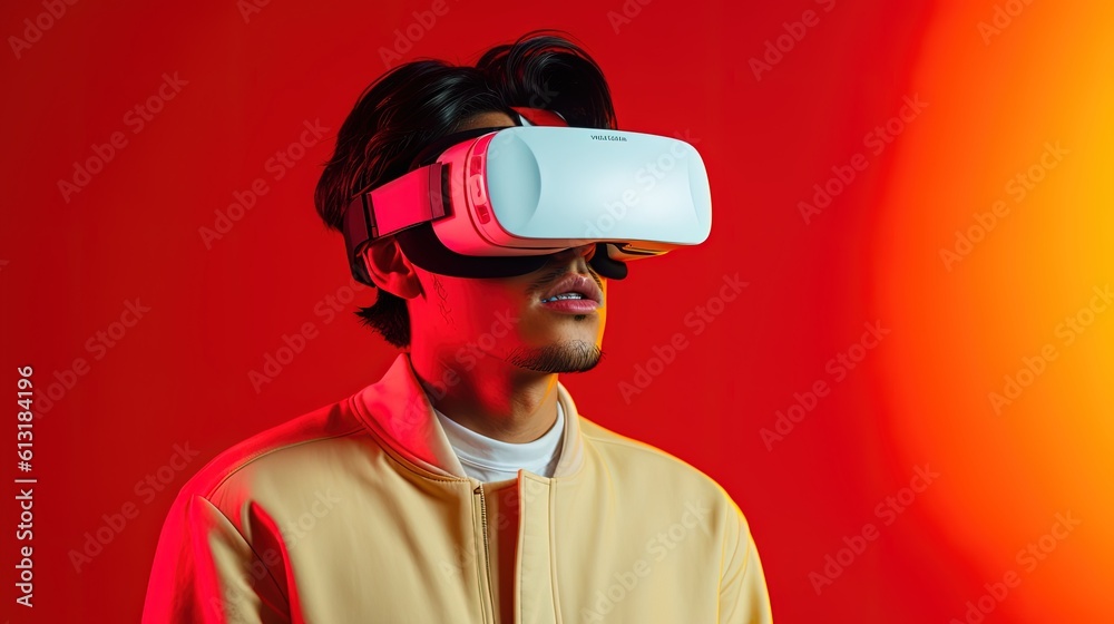 Portrait of a young man wearing virtual reality goggles against colourful background.Generative Ai Portrait of a young man wearing virtual reality goggles against colourful background.Generative Ai