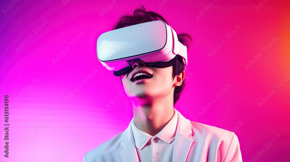 Portrait of a young man wearing virtual reality goggles against colourful background.Generative Ai Portrait of a young man wearing virtual reality goggles against colourful background.Generative Ai