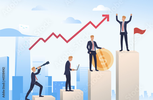 Businessman achieving success vector illustration. Office worker on different steps of career ladder planning, working on laptop, earning money. Business development, success concept