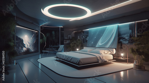 Futuristic high tech technology bedroom design, generative ai