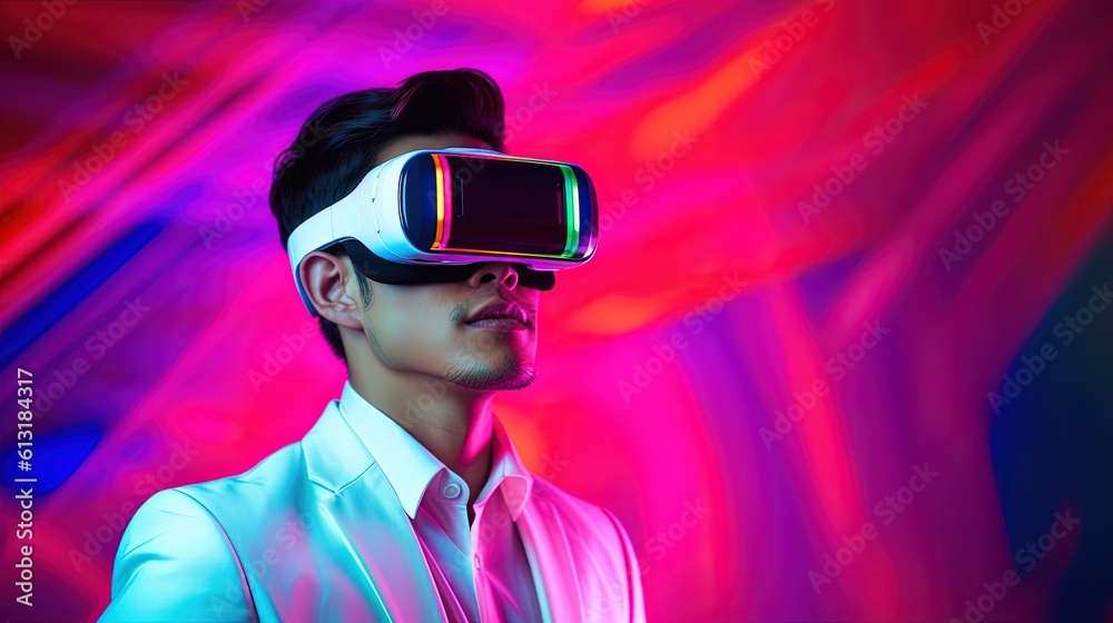 Portrait of a young man wearing virtual reality goggles against colourful background.Generative Ai Portrait of a young man wearing virtual reality goggles against colourful background.Generative Ai