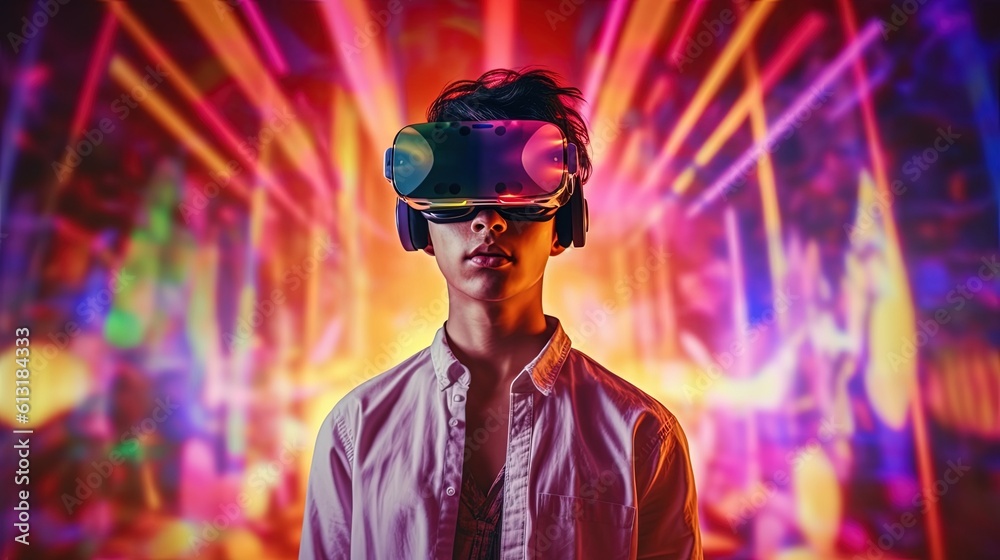 Portrait of a young man wearing virtual reality goggles against colourful background.Generative Ai Portrait of a young man wearing virtual reality goggles against colourful background.Generative Ai