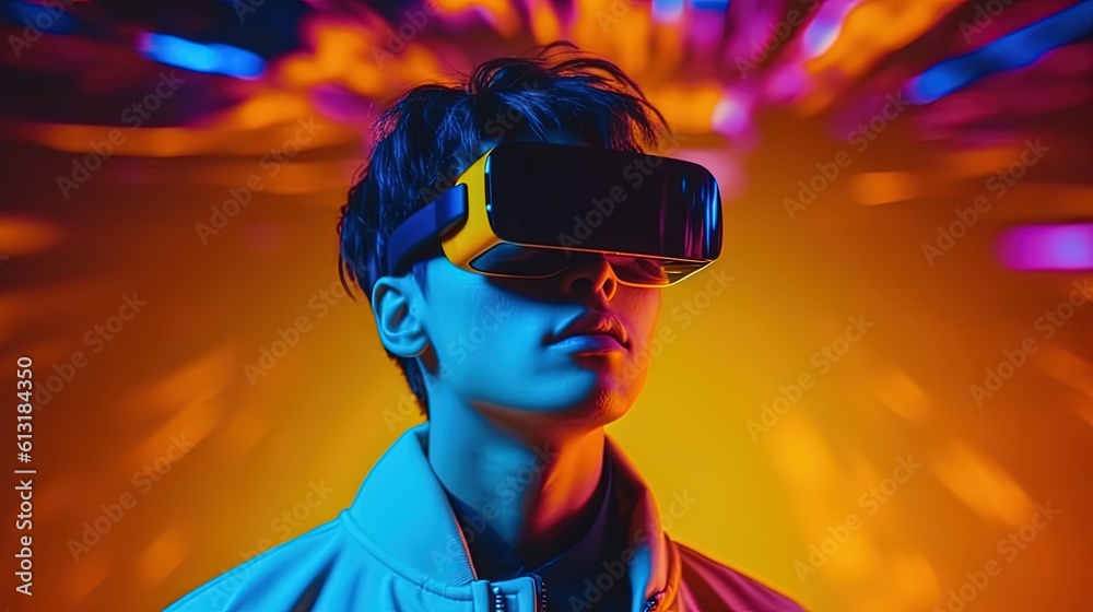 Portrait of a young man wearing virtual reality goggles against colourful background.Generative Ai Portrait of a young man wearing virtual reality goggles against colourful background.Generative Ai