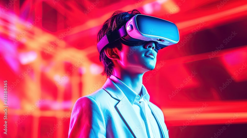 Portrait of a young man wearing virtual reality goggles against colourful background.Generative Ai Portrait of a young man wearing virtual reality goggles against colourful background.Generative Ai