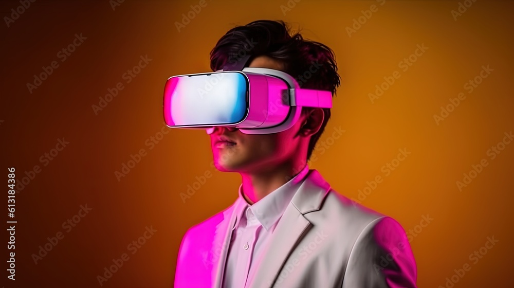Portrait of a young man wearing virtual reality goggles against colourful background.Generative Ai Portrait of a young man wearing virtual reality goggles against colourful background.Generative Ai