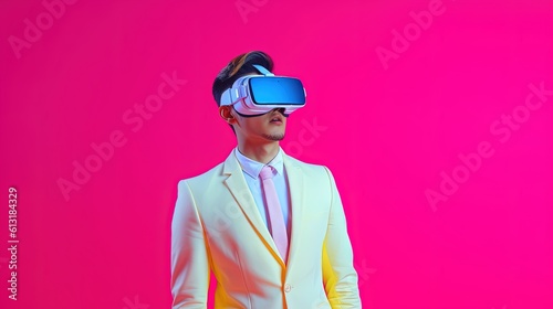 Portrait of a young man wearing virtual reality goggles against colourful background.Generative Ai