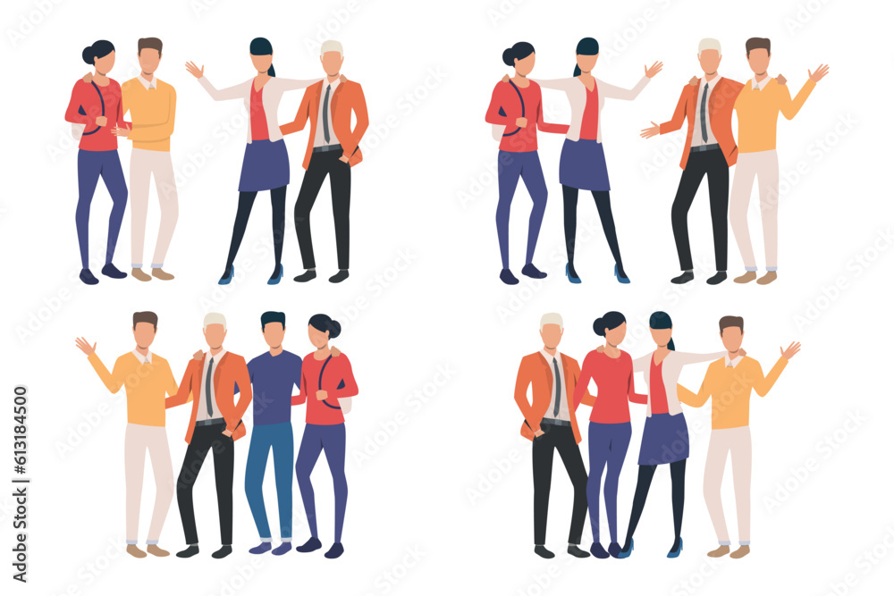Groups of happy people vector illustration set. Coworkers, friends or family members hugging and supporting each other. Diversity, teamwork, relationship, friendship, love concept