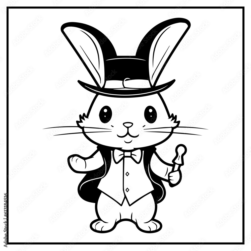 Fototapeta premium Magical Rabbit Coloring Book Page Cartoon Ilustration