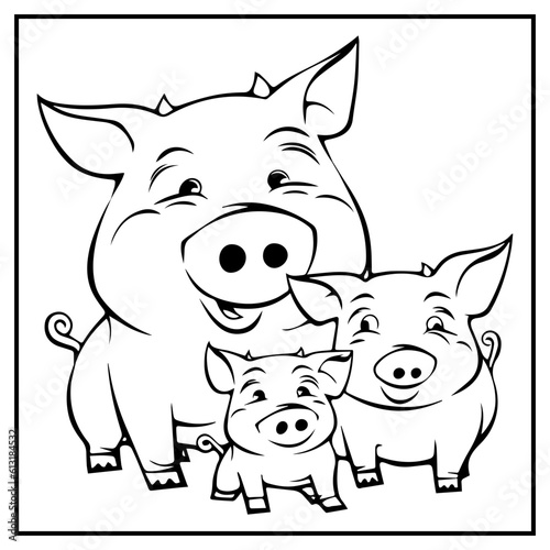 Pig Family Coloring Book Page Cartoon Ilustration