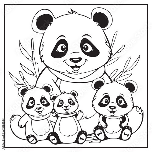 Panda Family Coloring Book Page Cartoon Ilustration