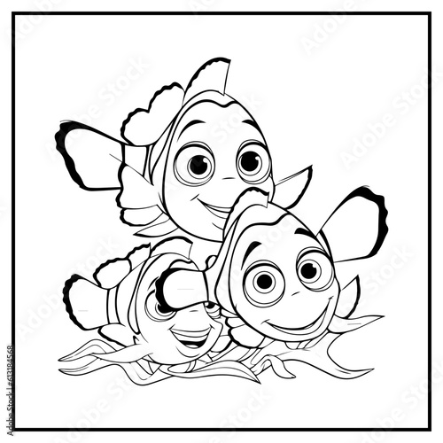 Nemo Fish Family Coloring Book Page Cartoon Ilustration
