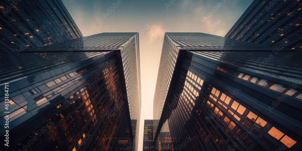 View from below of modern corporate office buildings. Generative AI