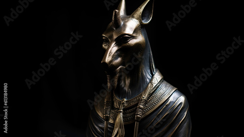 A statue that looks like Anubis isolated on a black background. Generative AI