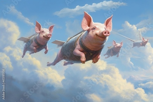 When pigs fly! Playful piglets soaring through clouds, Generative Ai photo