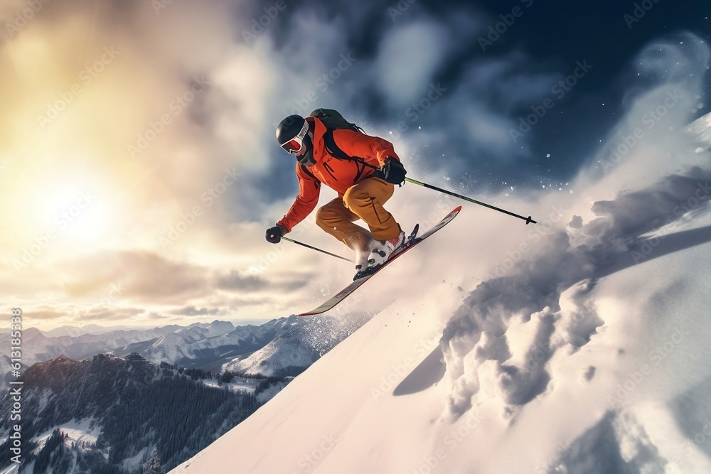 Jumping Skier Skiing Extreme Winter Sports. Generative AI
