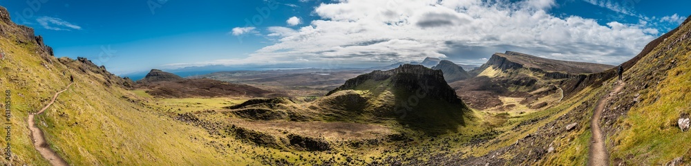 Beautiful panorama view of Quiraing with people, Scotland, Isle of Skye