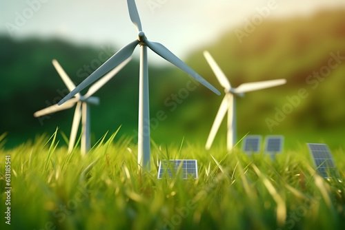 Renewable energy banner background with green energy as wind turbines and solar panels, space for text, AI Generative © Elena