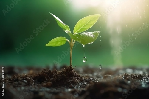 Young plants sprouting and thriving on the ground as raindrops provide nourishment and protection, Generative Ai