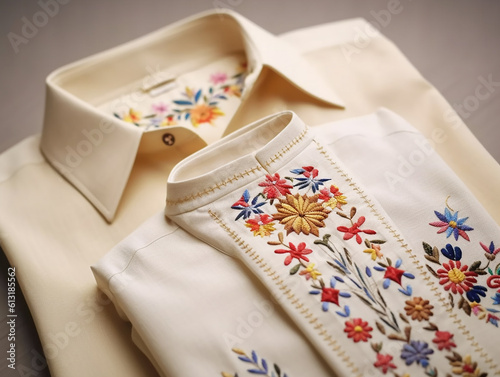 A close-up on a traditional ukrainian embroidered shirt or blouse collar, white a beige colors. Generative IA technology.