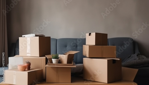 Cardboard boxes with packed items and sofa  moving concept  AI generated
