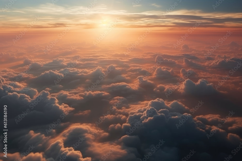 Beautiful pastel cloudscape. Fluffy clouds in the sky. Horizon from a plane. Weather and overcast dawn.