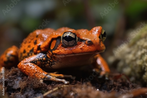 Colorful jungle tree frog. Amphibian wildlife in the rainforest. Speckled poison toad closeup. © Kateryna
