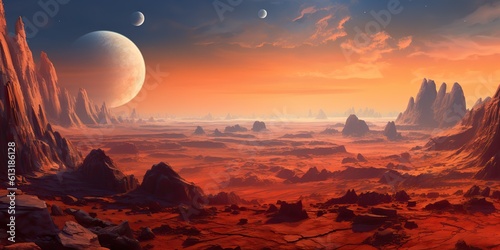 AI Generated. AI Generative. Mars planet landscape surface galaxy space future view scene. Comics illustration style. Graphic Art
