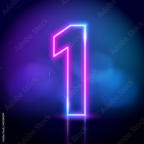 Purple neon tube number one with fog on dark background. Neon color glowing number