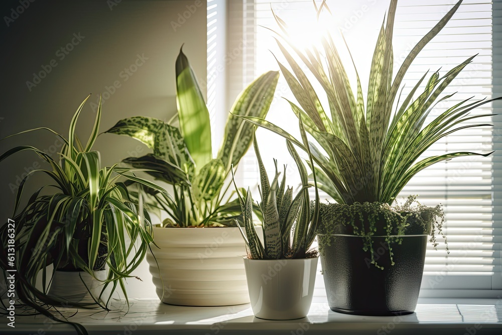 Air-purifying plants to improve home indoor air quality. Air-purifying houseplants, like spider plants and peace lilies, can help remove toxins from the air. AI generative Air-purifying plants to improve home indoor air quality. Air-purifying houseplants, like spider plants and peace lilies, can help remove toxins from the air. AI generative