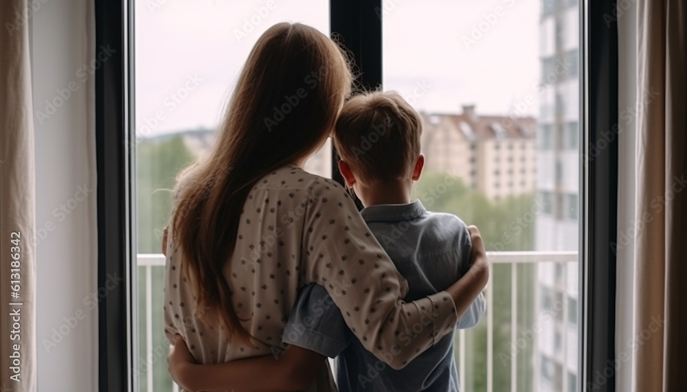 Fototapeta premium Mother and child hugging by the window, back view, AI generated