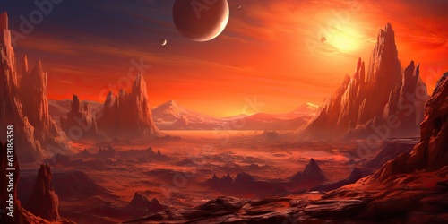 AI Generated. AI Generative. Mars planet landscape surface galaxy space future view scene. Comics illustration style. Graphic Art