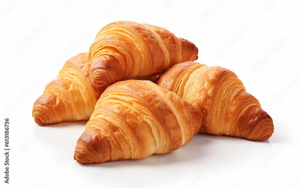 Freshly baked croissants in a bakery,  fresh croissant photography, a simple yet enticing croissant. croissant with its golden - brown crust and flaky layers. Generative AI