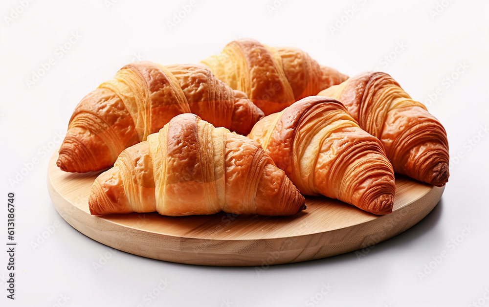 Freshly baked croissants in a bakery,  fresh croissant photography, a simple yet enticing croissant. croissant with its golden - brown crust and flaky layers. Generative AI