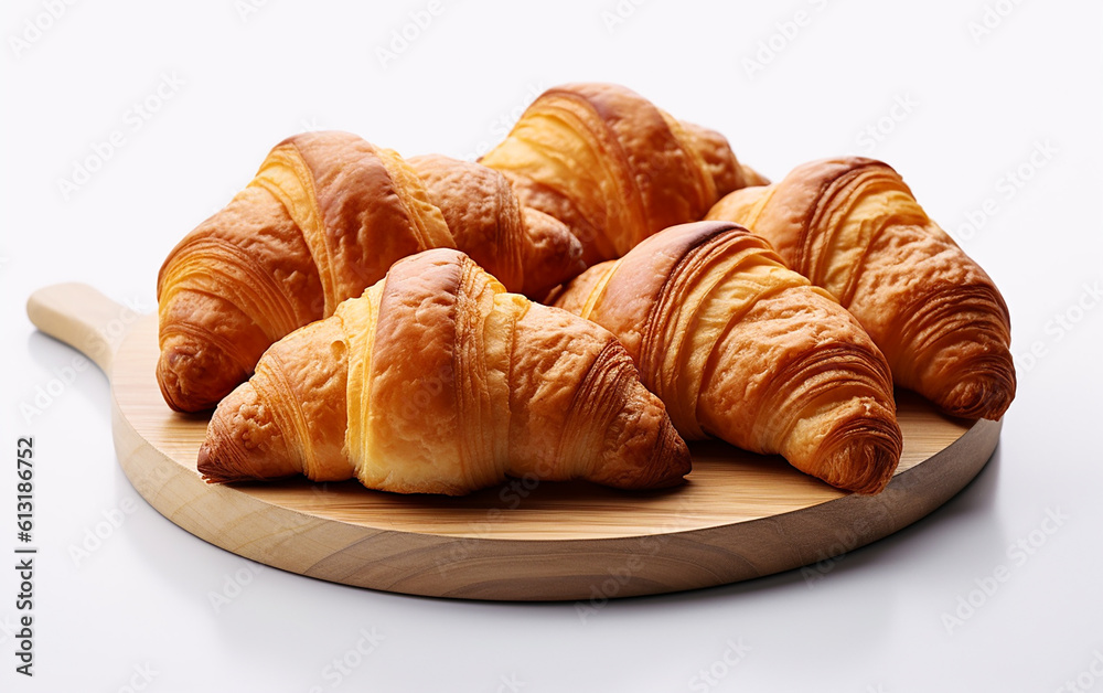 Freshly baked croissants in a bakery,  fresh croissant photography, a simple yet enticing croissant. croissant with its golden - brown crust and flaky layers. Generative AI