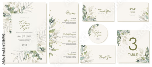 Big set of rustic wedding cards with green leaves and branches. Wedding invitations, cards, stickers, tags, menus in watercolor style. Vector