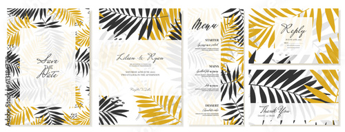 Wedding invitation with thank you cards, menu and rsvp. Summer theme, palm leaves, tropical style. Vector template.