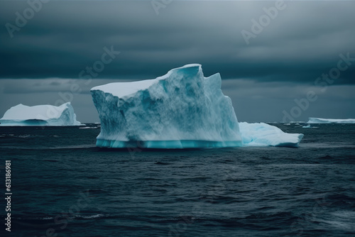 Iceberg in the polar regions. Arctic ice sheet in the ocean. Antarctica glacier in nature background.