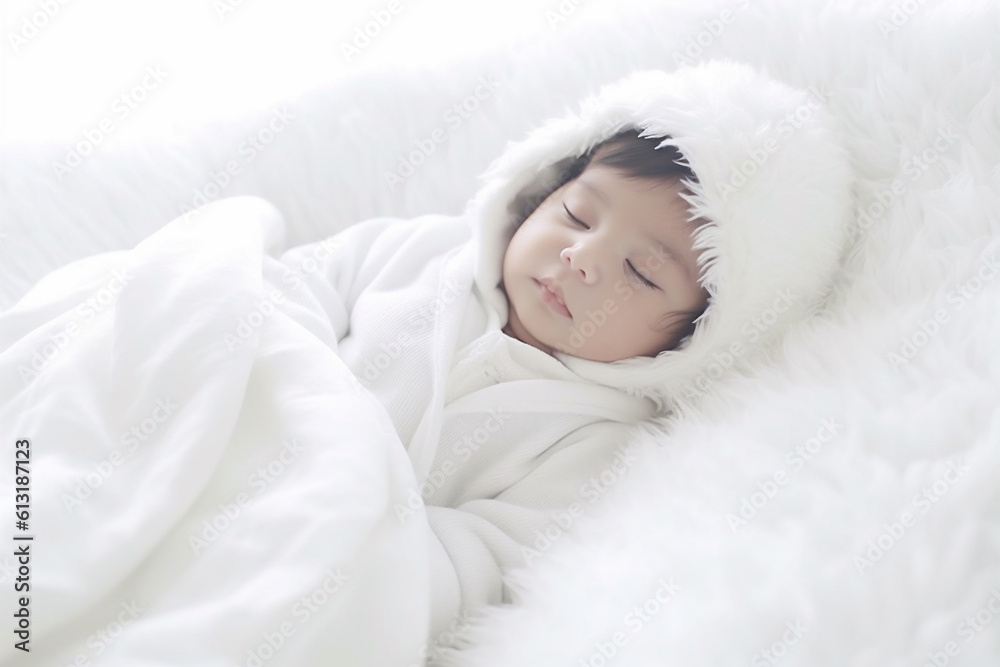 Newborn wrapped in a white blanket, lying in bed, plush toy, white bedsheet background, two months old, baby photography. Happy young baby in diaper lying on white sheet. AI Generative Newborn wrapped in a white blanket, lying in bed, plush toy, white bedsheet background, two months old, baby photography. Happy young baby in diaper lying on white sheet. AI Generative