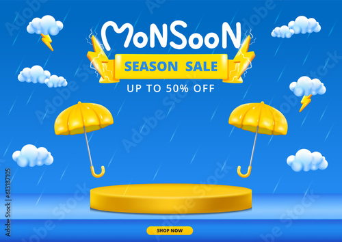 Monsoon season banner sale with podium design with 3d clouds lightning yellow umbrellas