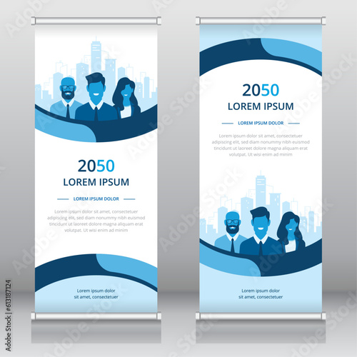 Professional roll up banner or retractable banner template with business people and cityscape artwork, Vertical signboard template, Trade show banner, Standee template, X-banner template, Flag banner