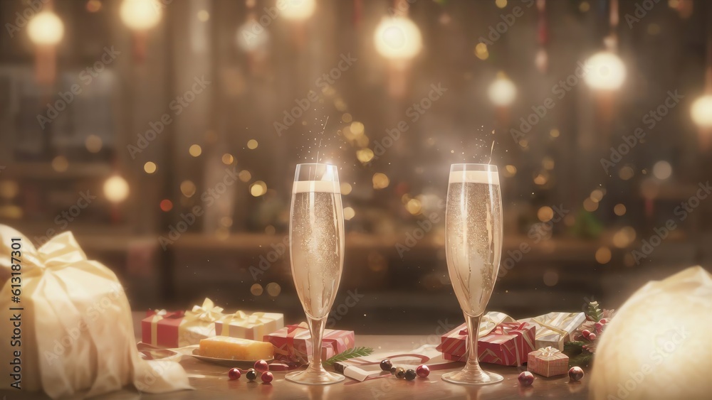 Luxury Holiday Setup With Champagne. Glasses. And Festive Lighting. Generative AI