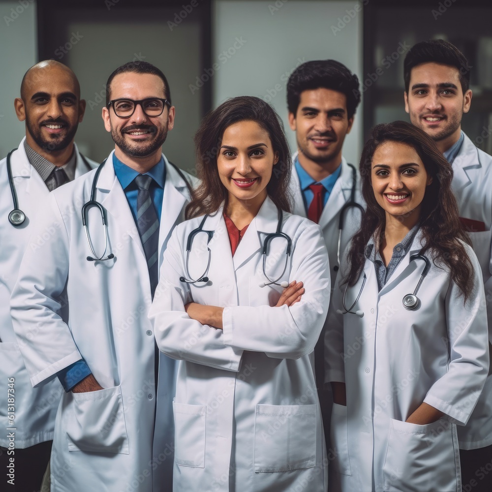 Fototapeta premium Happy group of medics or doctors at hospital, clinic, profession, people, health care and medicine concept.