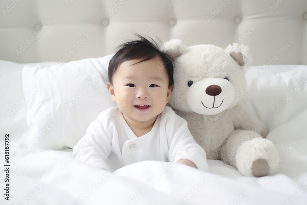 Newborn wrapped in a white blanket, lying in bed, plush toy, white bedsheet background, two months old, baby photography. Happy young baby in diaper lying on white sheet. AI Generative Newborn wrapped in a white blanket, lying in bed, plush toy, white bedsheet background, two months old, baby photography. Happy young baby in diaper lying on white sheet. AI Generative