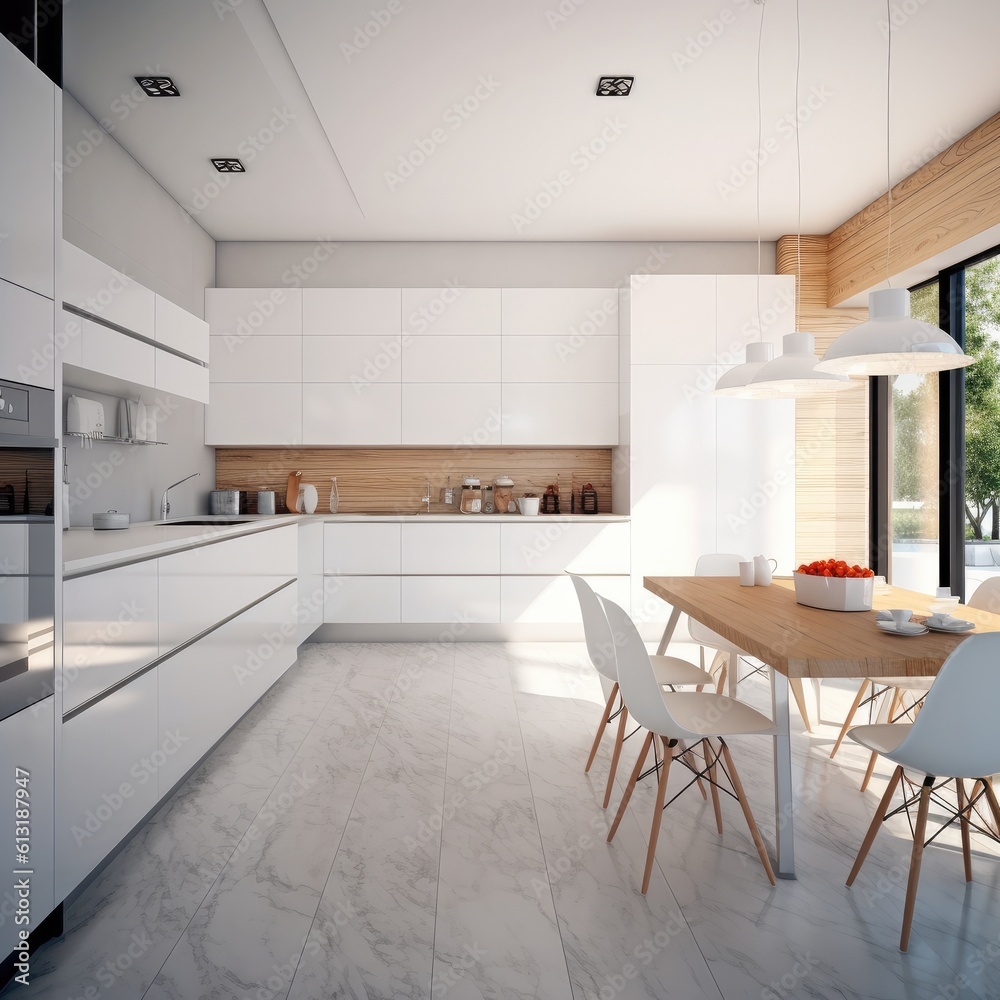 Modern kitchen white room interior, Fridge placed near kitchen counter with white cabinets and modern appliances.