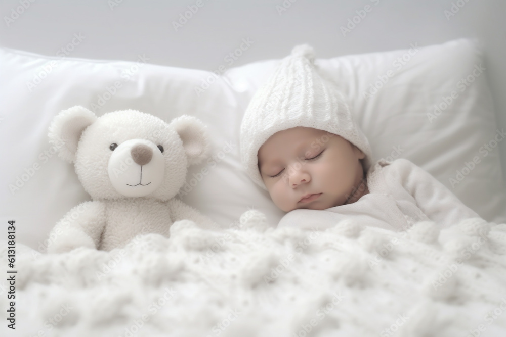 Newborn wrapped in a white blanket, lying in bed, plush toy, white bedsheet background, two months old, baby photography. Happy young baby in diaper lying on white sheet. AI Generative Newborn wrapped in a white blanket, lying in bed, plush toy, white bedsheet background, two months old, baby photography. Happy young baby in diaper lying on white sheet. AI Generative