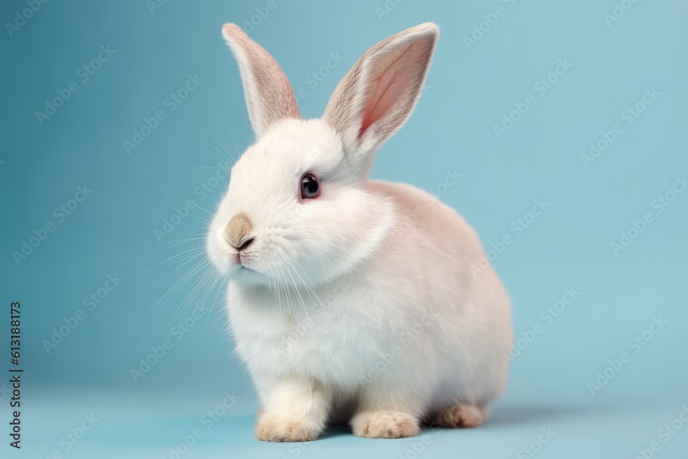 White rabbit on pastel background. Easter bunny spring wallpaper. Adorable, cuddly animal.