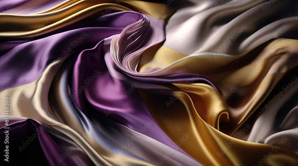 Silk fabric background in purple, gold and silver tones, generative ai